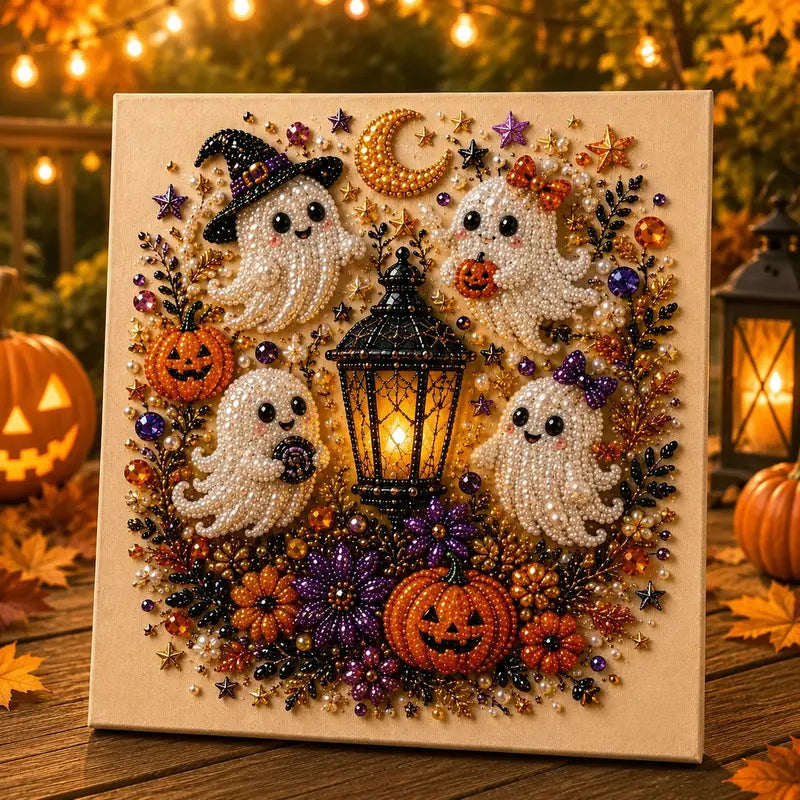 8x8 Inch Spooky Cute Ghost 3D Pearl Diamond Painting DIY Kit, No-Light Fall Handicraft Set, Indoor Wall Art Home Decor & Holiday Party Gift
