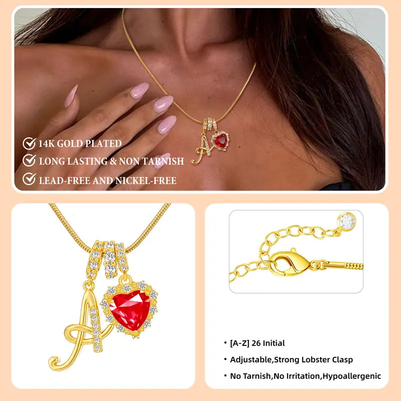 Custom Red Heart Initial Necklace, 26 Letters Personalized Pendant Necklace, Hypoallergenic Lobster Clasp, Valentine's Day Birthday Gift for Women & Teen Girls