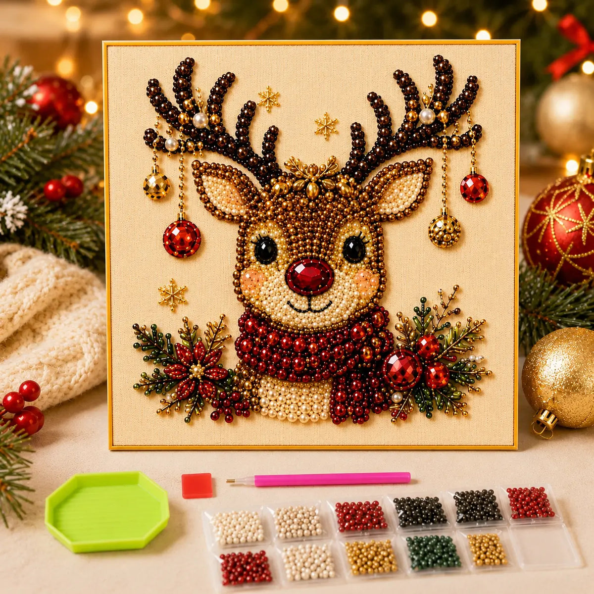 Frameless 3D Beaded Pearl Christmas Diamond Painting DIY Kit, Xmas Wreath Stocking Mosaic Art, Stress Relief Craft for Home Wall Decoration