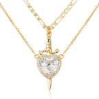 Dainty 14K Gold Plated Heart & Cross Dagger Pendant Necklace with Cubic Zirconia
