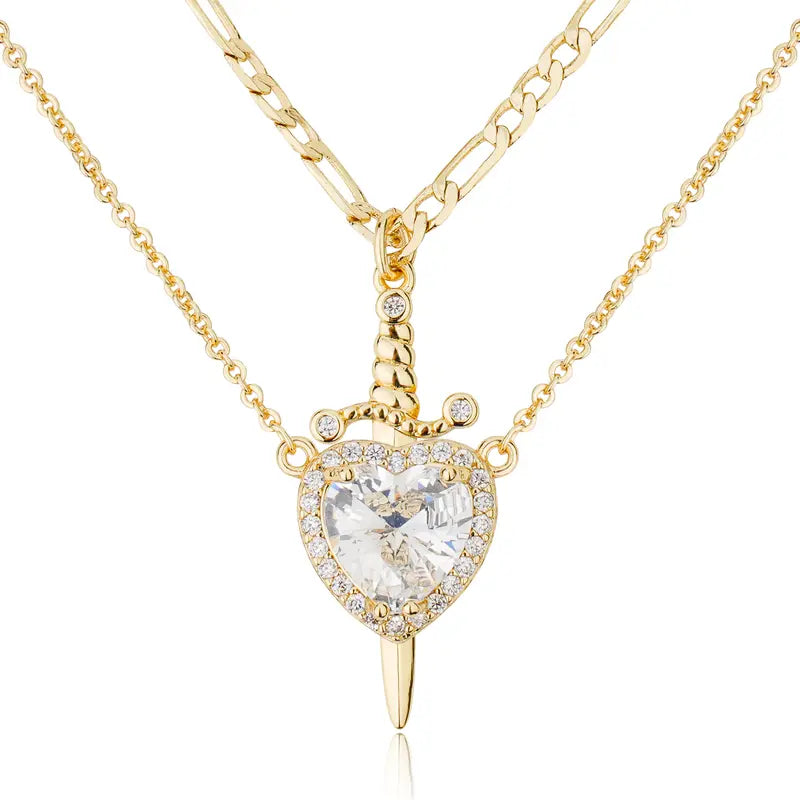 Dainty 14K Gold Plated Heart & Cross Dagger Pendant Necklace with Cubic Zirconia