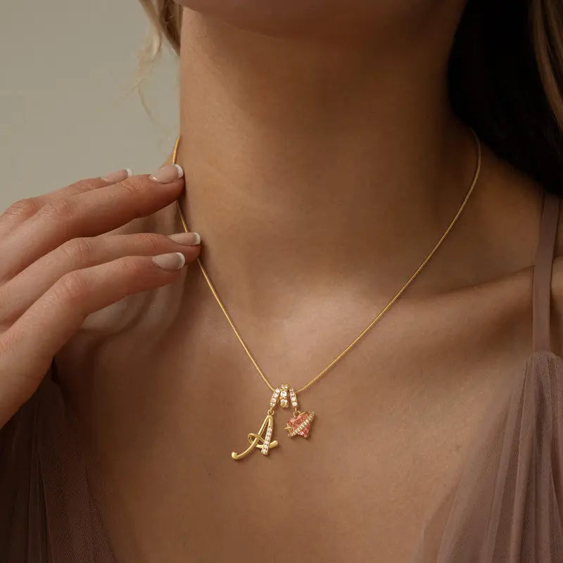 Personalized 3 Layered Initial Necklace for Women | 925 Sterling Silver Pink Heart CZ | Adjustable Snake Chain Choker | Custom Dainty Jewelry Gift