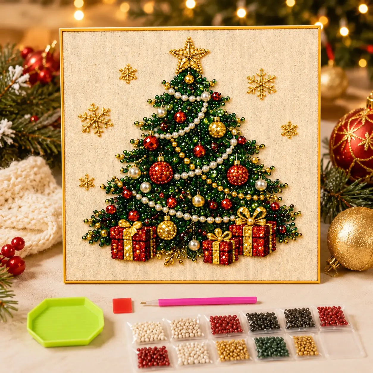 Frameless 3D Beaded Pearl Christmas Diamond Painting DIY Kit, Xmas Wreath Stocking Mosaic Art, Stress Relief Craft for Home Wall Decoration