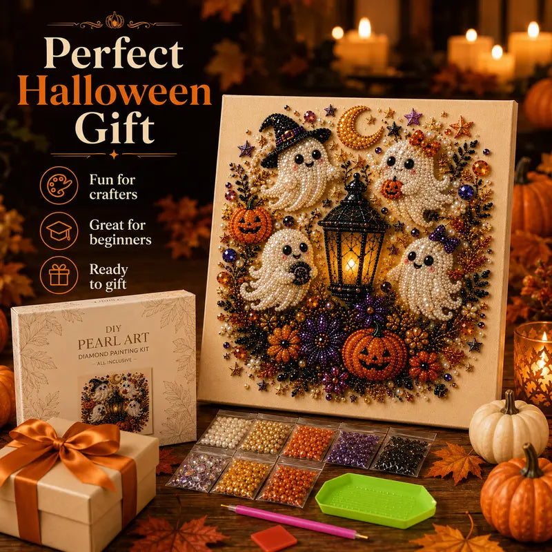 8x8 Inch Spooky Cute Ghost 3D Pearl Diamond Painting DIY Kit, No-Light Fall Handicraft Set, Indoor Wall Art Home Decor & Holiday Party Gift