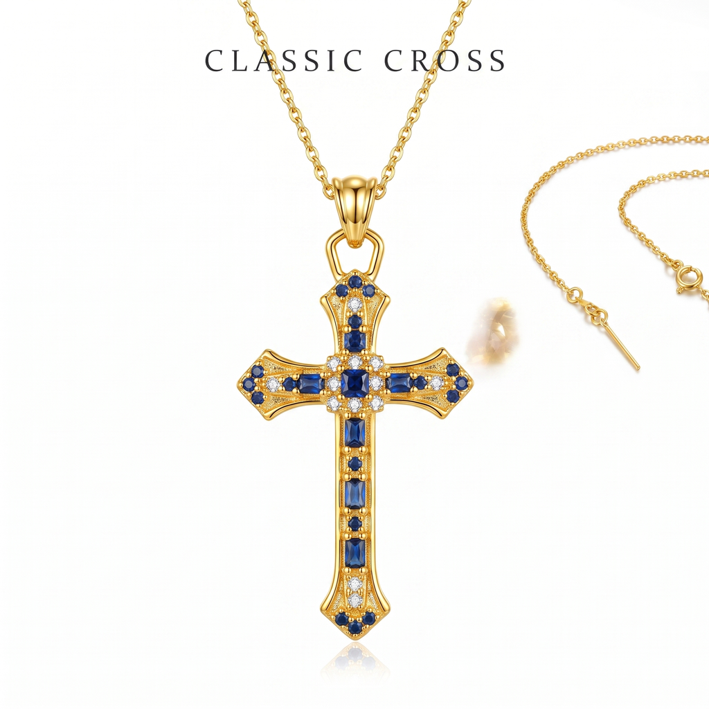 Retro Blue Stone Cross Pendant Necklace, Sparkling Gold Tone Zircon Cross Necklace, Meaningful Birthday & Anniversary Jewelry Gift