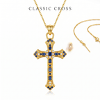 Retro Blue Stone Cross Pendant Necklace, Sparkling Gold Tone Zircon Cross Necklace, Meaningful Birthday & Anniversary Jewelry Gift