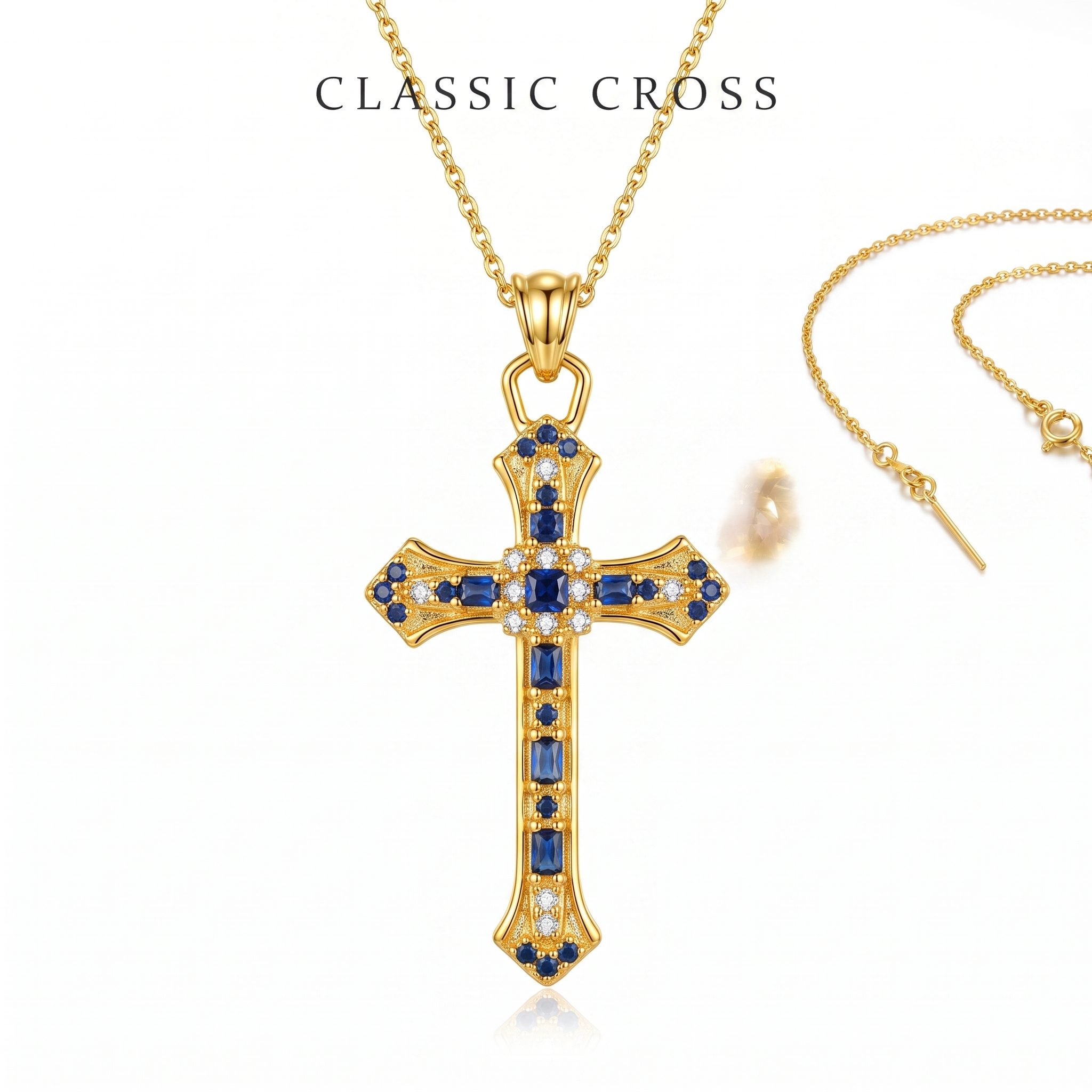 Retro Blue Stone Cross Pendant Necklace, Sparkling Gold Tone Zircon Cross Necklace, Meaningful Birthday & Anniversary Jewelry Gift