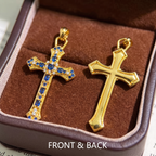 Retro Blue Stone Cross Pendant Necklace, Sparkling Gold Tone Zircon Cross Necklace, Meaningful Birthday & Anniversary Jewelry Gift