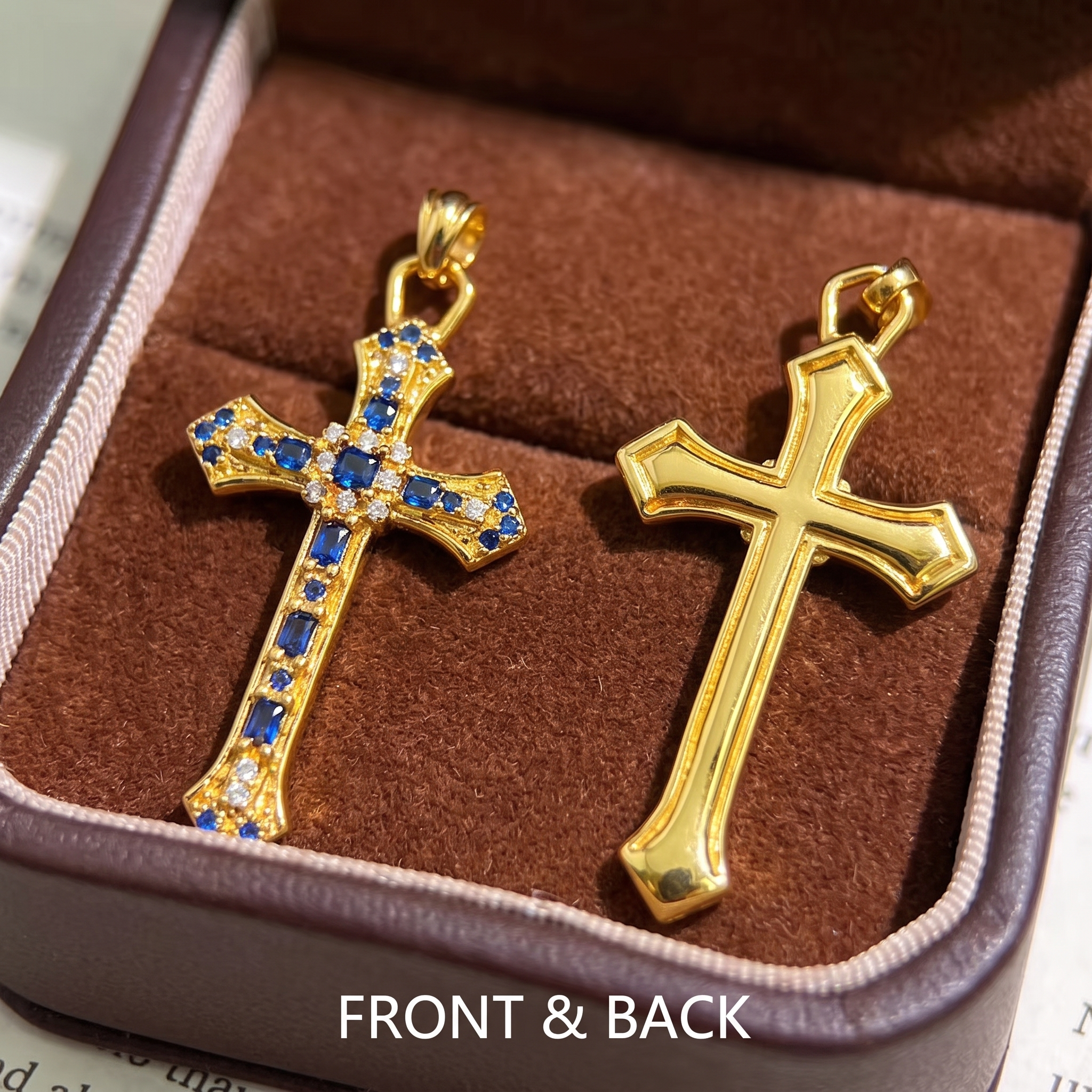 Retro Blue Stone Cross Pendant Necklace, Sparkling Gold Tone Zircon Cross Necklace, Meaningful Birthday & Anniversary Jewelry Gift