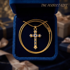Retro Blue Stone Cross Pendant Necklace, Sparkling Gold Tone Zircon Cross Necklace, Meaningful Birthday & Anniversary Jewelry Gift