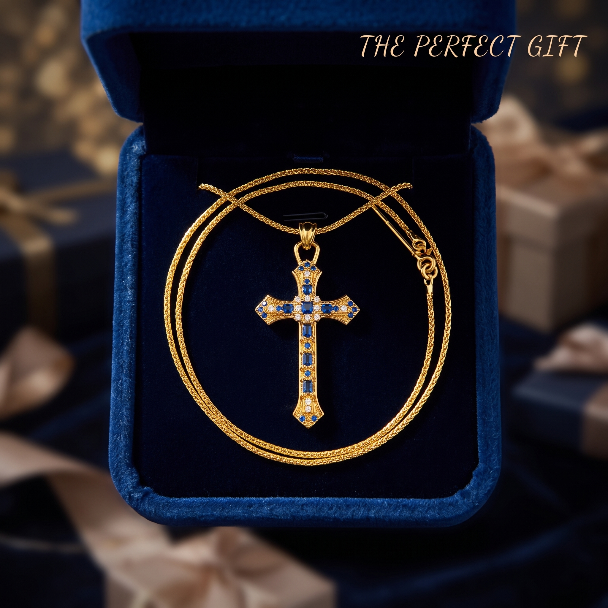 Retro Blue Stone Cross Pendant Necklace, Sparkling Gold Tone Zircon Cross Necklace, Meaningful Birthday & Anniversary Jewelry Gift