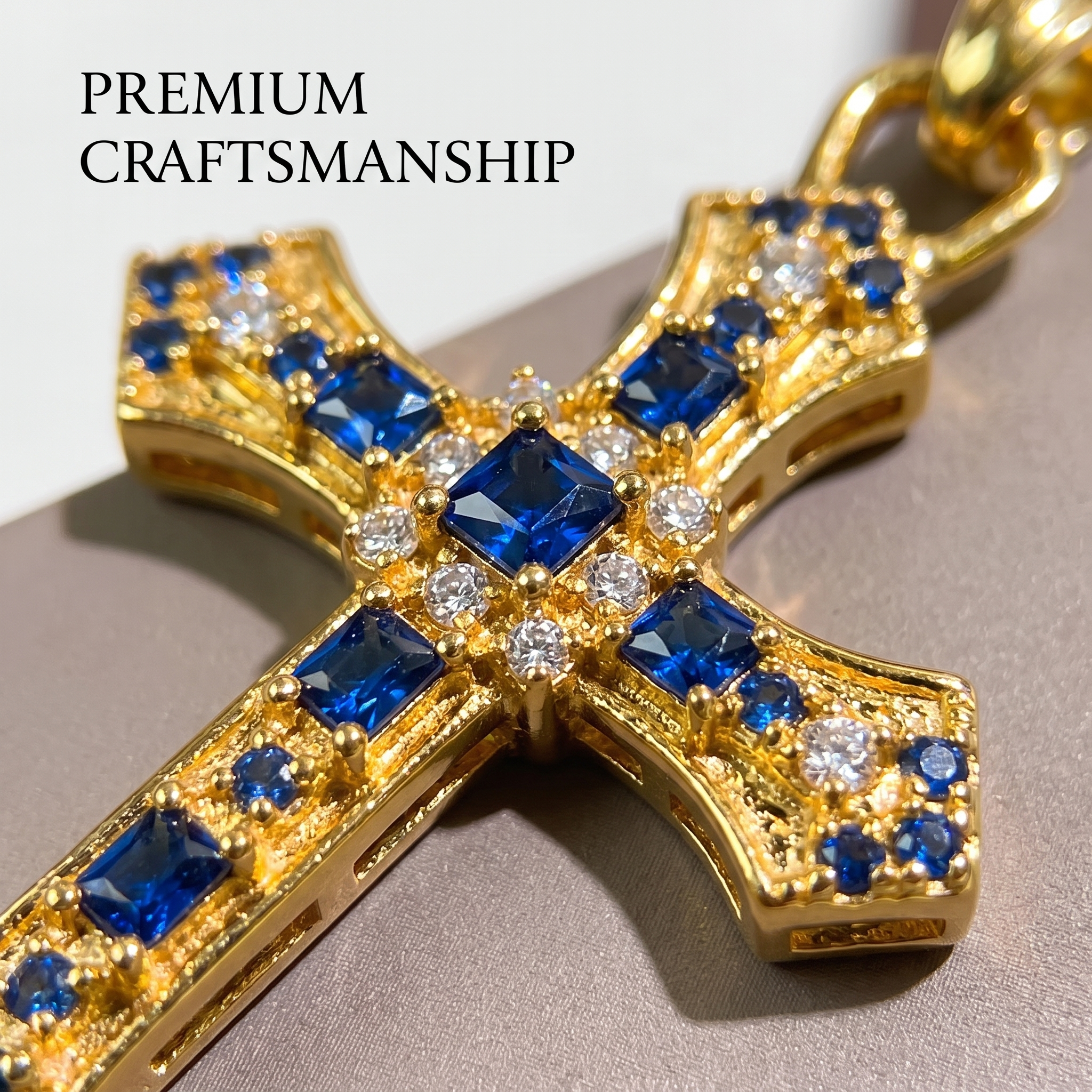 Retro Blue Stone Cross Pendant Necklace, Sparkling Gold Tone Zircon Cross Necklace, Meaningful Birthday & Anniversary Jewelry Gift