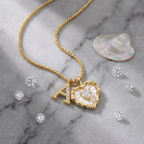 Gold Box Chain Scalloped Shell Heart CZ Initial Necklace, A-Z Micro Pave Letter Pendant, Valentine's Day Gift