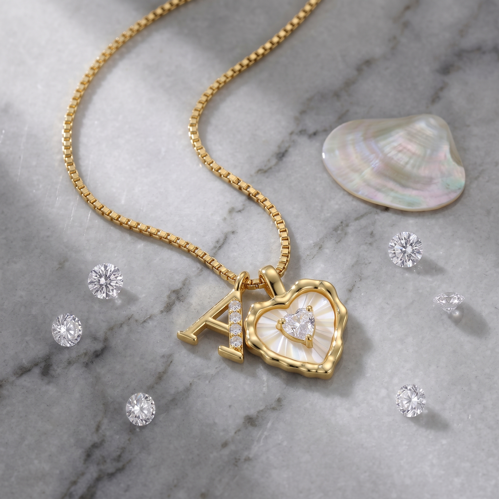 Gold Box Chain Scalloped Shell Heart CZ Initial Necklace, A-Z Micro Pave Letter Pendant, Valentine's Day Gift