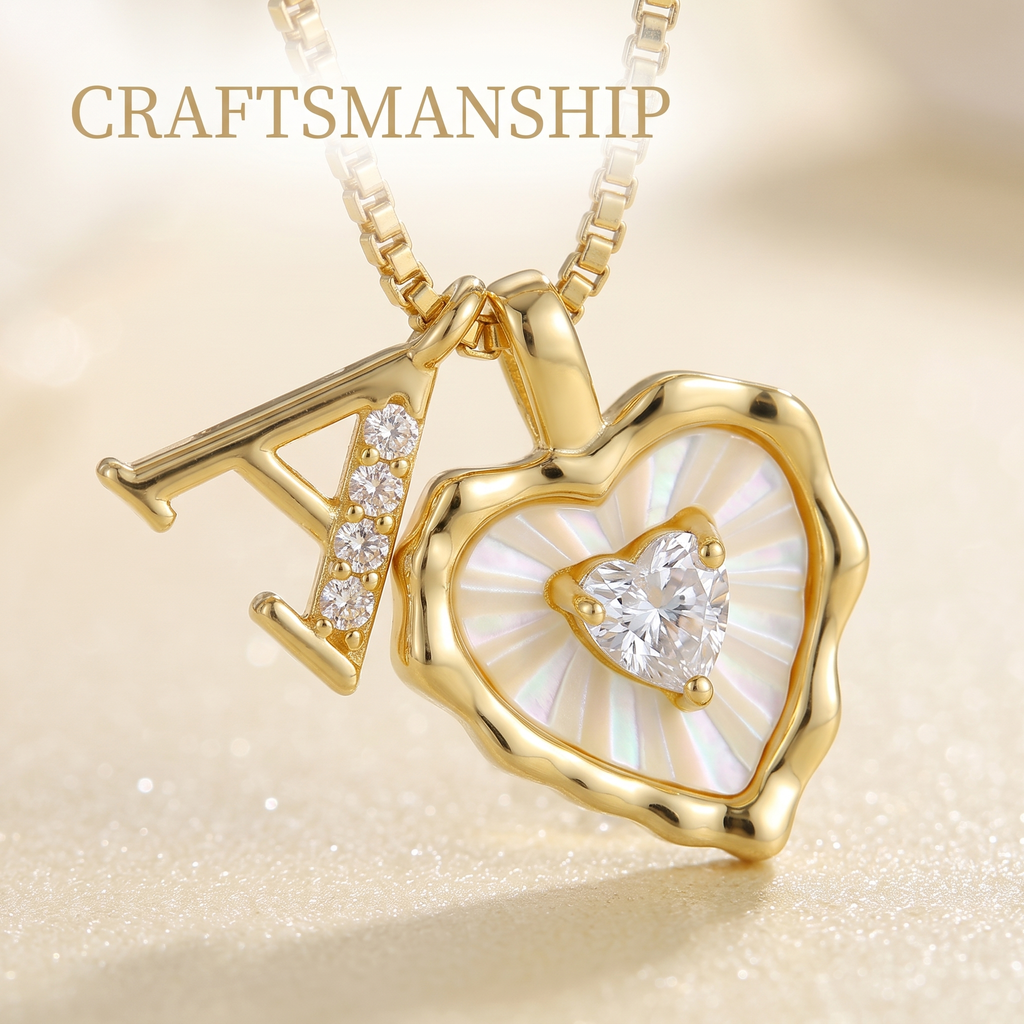Gold Box Chain Scalloped Shell Heart CZ Initial Necklace, A-Z Micro Pave Letter Pendant, Valentine's Day Gift