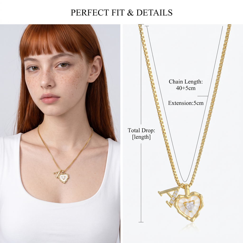 Gold Box Chain Scalloped Shell Heart CZ Initial Necklace, A-Z Micro Pave Letter Pendant, Valentine's Day Gift