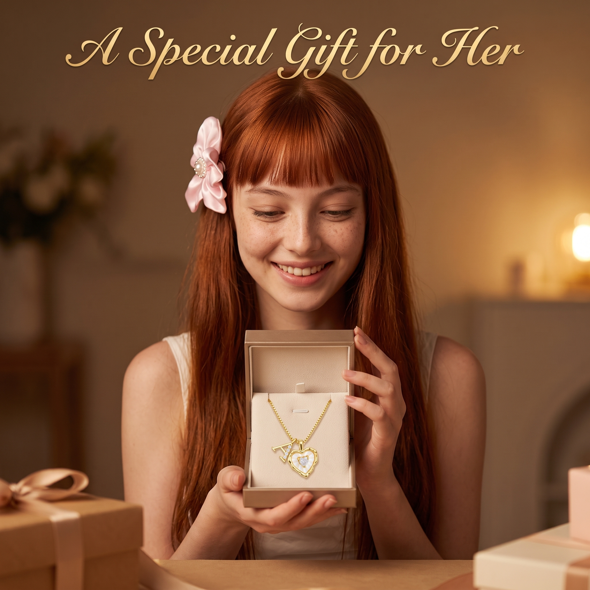 Gold Box Chain Scalloped Shell Heart CZ Initial Necklace, A-Z Micro Pave Letter Pendant, Valentine's Day Gift