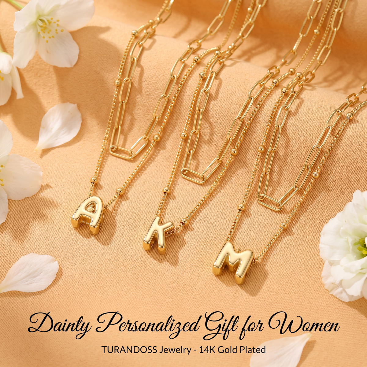 2 Pack Gold Bubble Initial Necklaces for Women, Personalized A-Z Alphabet Pendant Set, Summer Fashion Jewelry for Parties & Birthday Gifts