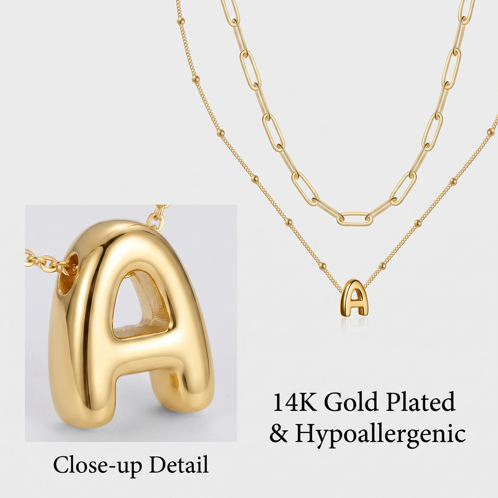 2 Pack Gold Bubble Initial Necklaces for Women, Personalized A-Z Alphabet Pendant Set, Summer Fashion Jewelry for Parties & Birthday Gifts