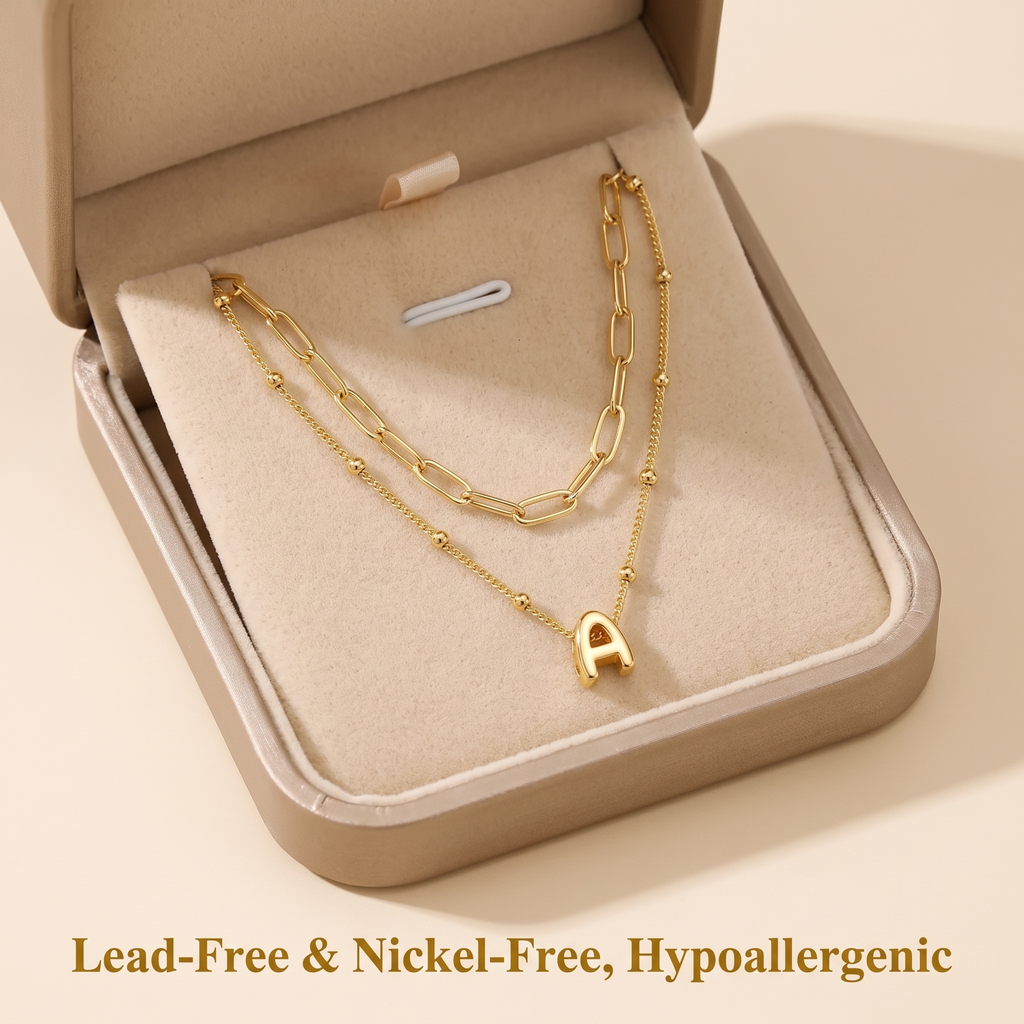 2 Pack Gold Bubble Initial Necklaces for Women, Personalized A-Z Alphabet Pendant Set, Summer Fashion Jewelry for Parties & Birthday Gifts