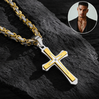 Men’s 14K Gold Plated Cross Pendant Necklace, 24 Inch Stainless Steel Byzantine Chain, Black Religious Jewelry Gift for Him