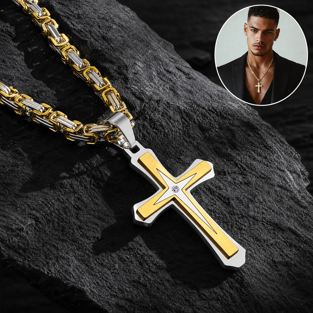 Men’s 14K Gold Plated Cross Pendant Necklace, 24 Inch Stainless Steel Byzantine Chain, Black Religious Jewelry Gift for Him