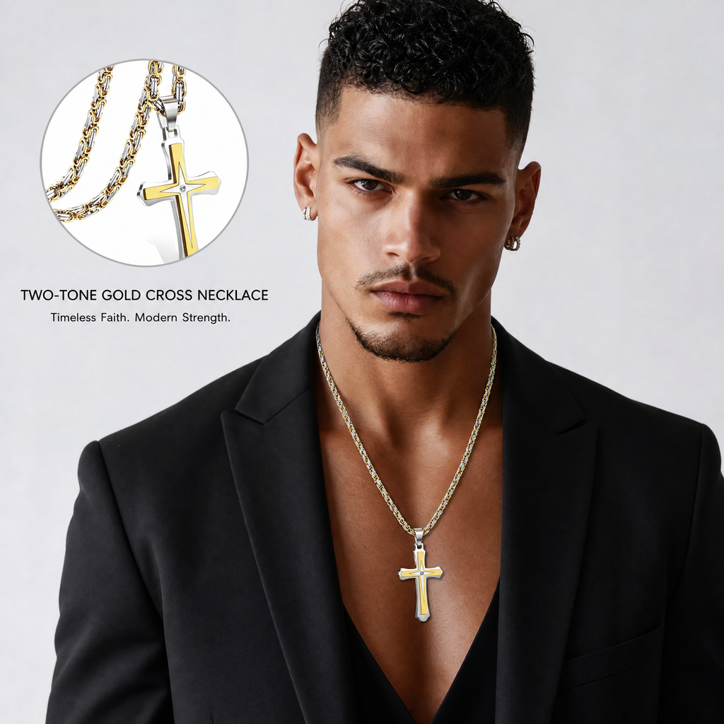 Men’s 14K Gold Plated Cross Pendant Necklace, 24 Inch Stainless Steel Byzantine Chain, Black Religious Jewelry Gift for Him