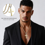 Men’s 14K Gold Plated Cross Pendant Necklace, 24 Inch Stainless Steel Byzantine Chain, Black Religious Jewelry Gift for Him
