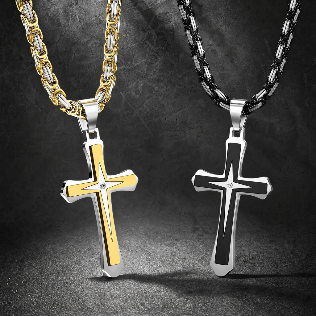Men’s 14K Gold Plated Cross Pendant Necklace, 24 Inch Stainless Steel Byzantine Chain, Black Religious Jewelry Gift for Him