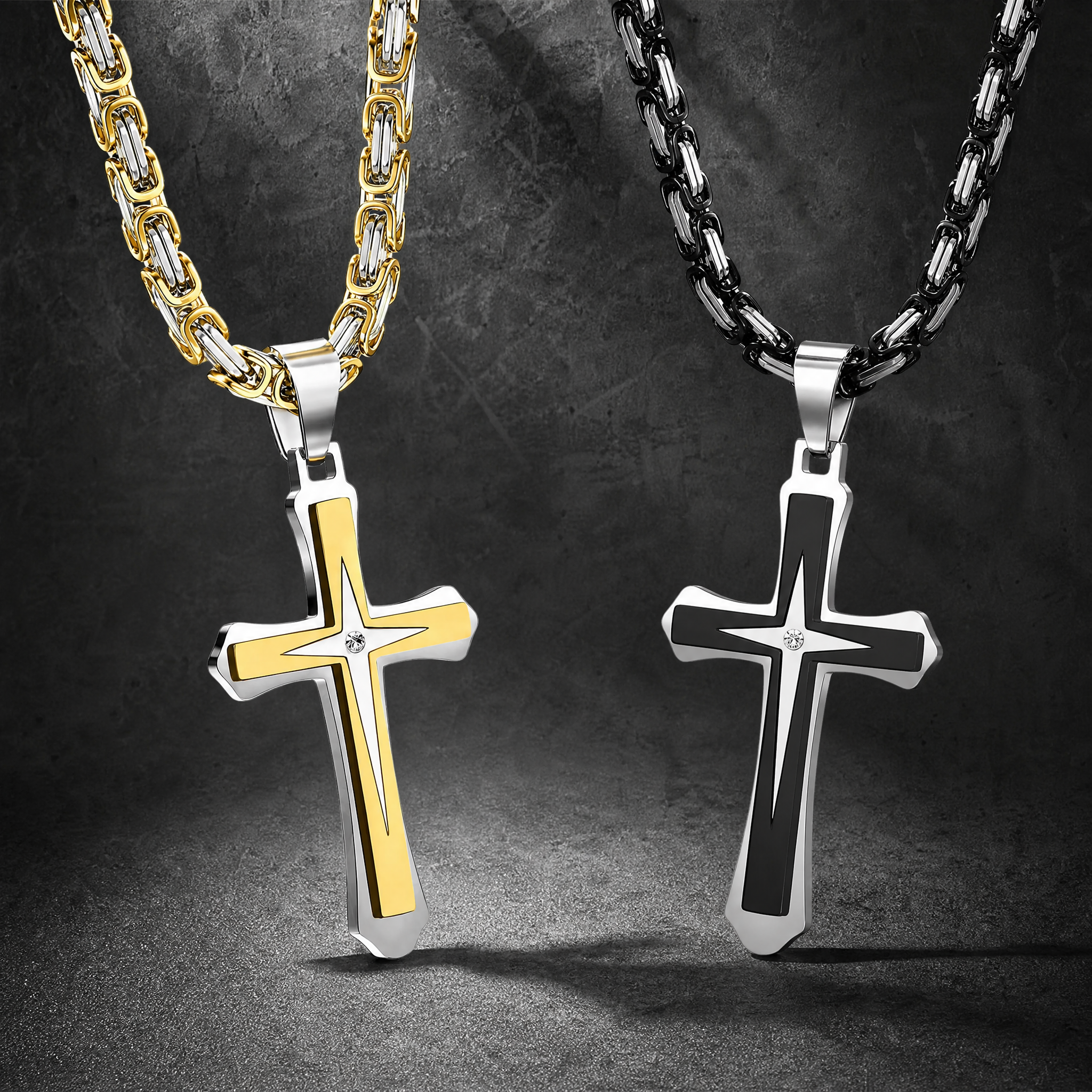 Men’s 14K Gold Plated Cross Pendant Necklace, 24 Inch Stainless Steel Byzantine Chain, Black Religious Jewelry Gift for Him