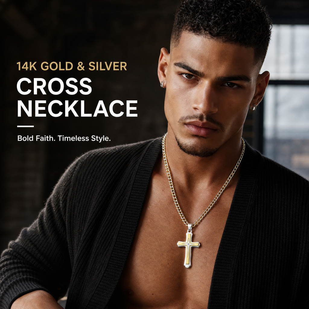 Men’s 14K Gold Plated Cross Pendant Necklace, 24 Inch Stainless Steel Byzantine Chain, Black Religious Jewelry Gift for Him