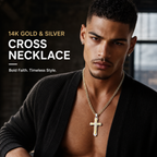 Men’s 14K Gold Plated Cross Pendant Necklace, 24 Inch Stainless Steel Byzantine Chain, Black Religious Jewelry Gift for Him