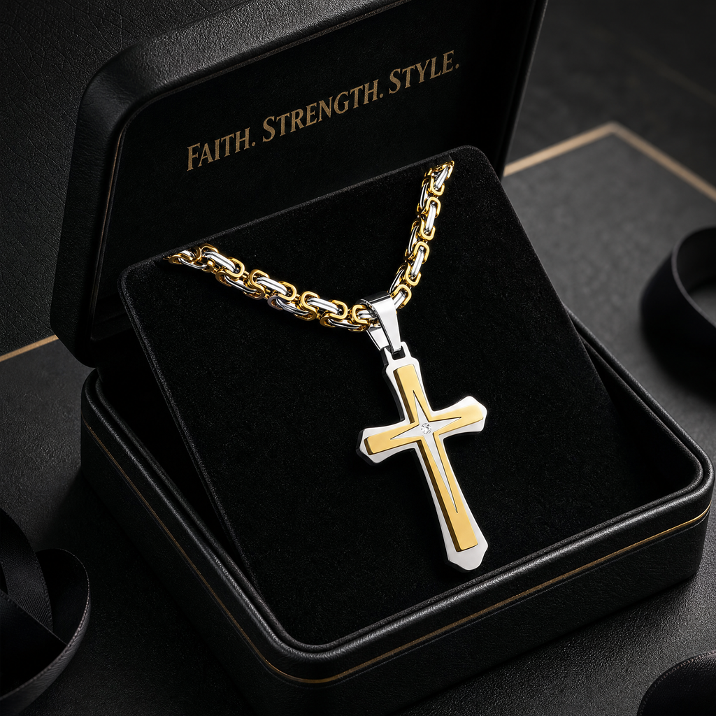 Men’s 14K Gold Plated Cross Pendant Necklace, 24 Inch Stainless Steel Byzantine Chain, Black Religious Jewelry Gift for Him