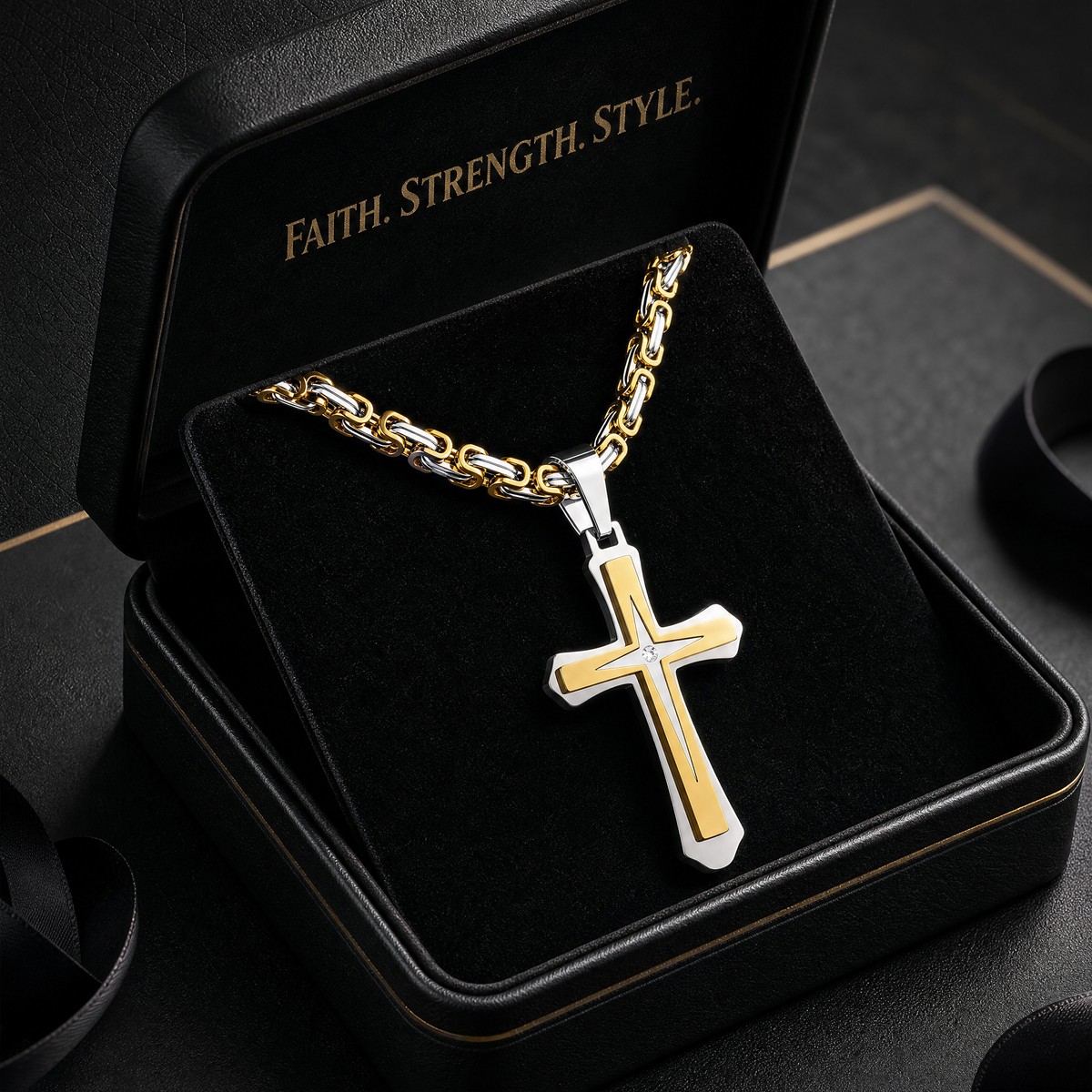 Men’s 14K Gold Plated Cross Pendant Necklace, 24 Inch Stainless Steel Byzantine Chain, Black Religious Jewelry Gift for Him