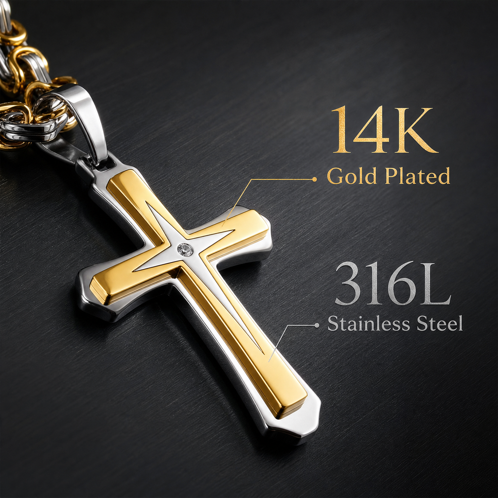 Men’s 14K Gold Plated Cross Pendant Necklace, 24 Inch Stainless Steel Byzantine Chain, Black Religious Jewelry Gift for Him