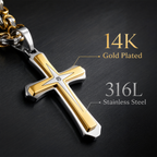 Men’s 14K Gold Plated Cross Pendant Necklace, 24 Inch Stainless Steel Byzantine Chain, Black Religious Jewelry Gift for Him
