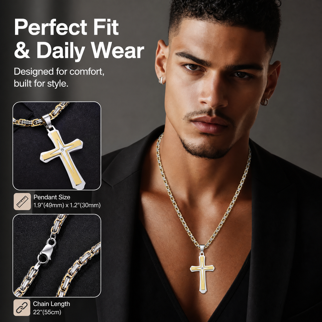 Men’s 14K Gold Plated Cross Pendant Necklace, 24 Inch Stainless Steel Byzantine Chain, Black Religious Jewelry Gift for Him