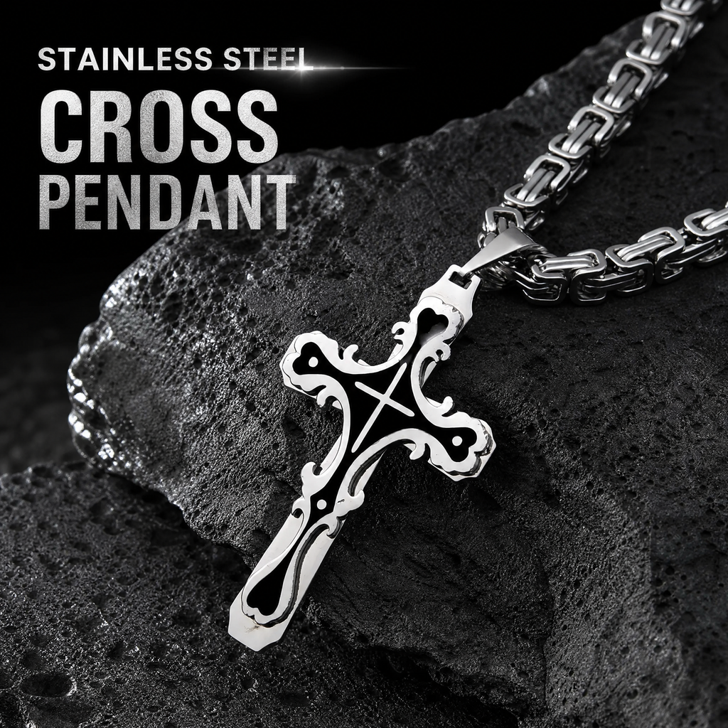 Men's Polished Stainless Steel Cross Pendant Necklace, Edgy Religious Style Accessory, Ideal for Streetwear and Daily Casual Wear