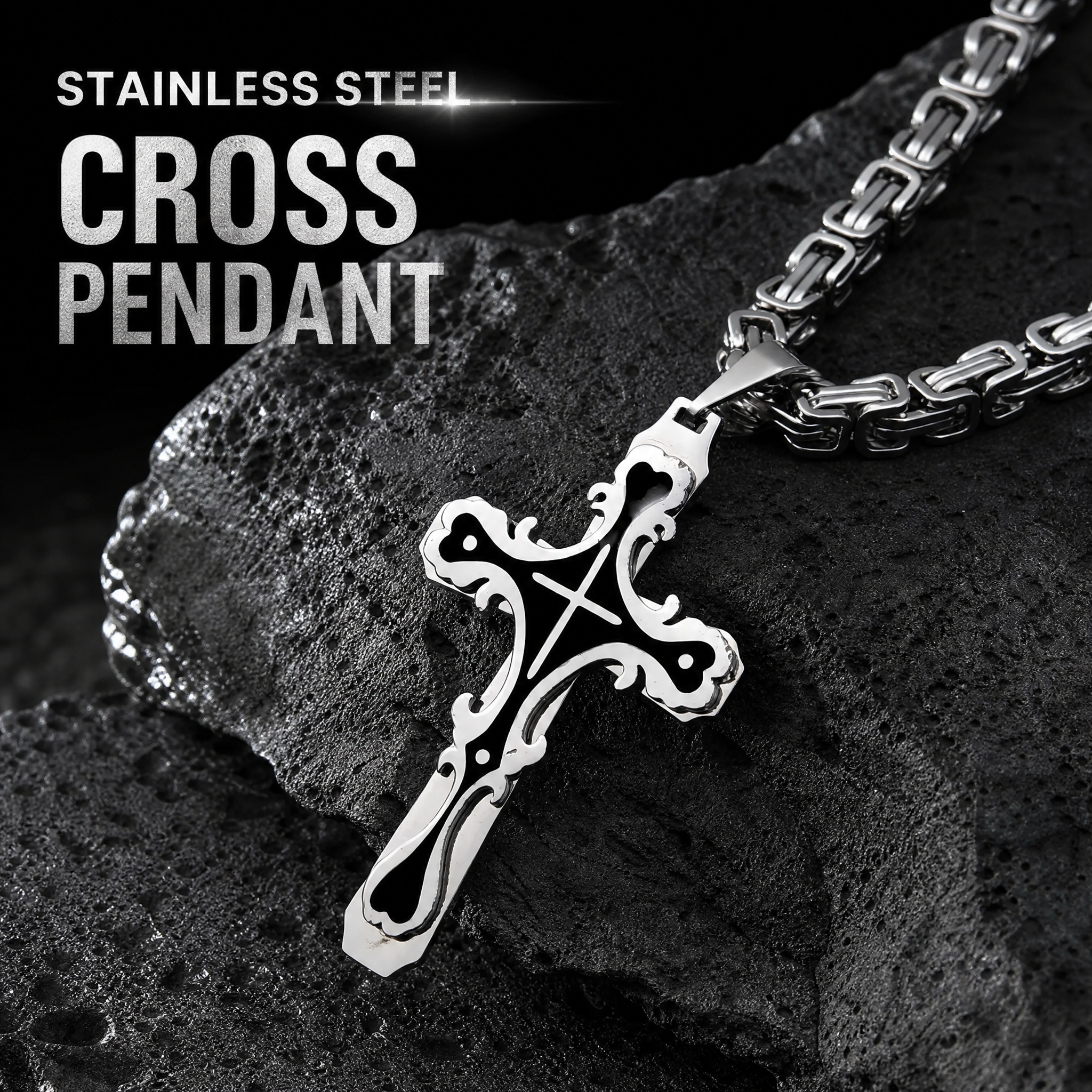 Men's Polished Stainless Steel Cross Pendant Necklace, Edgy Religious Style Accessory, Ideal for Streetwear and Daily Casual Wear
