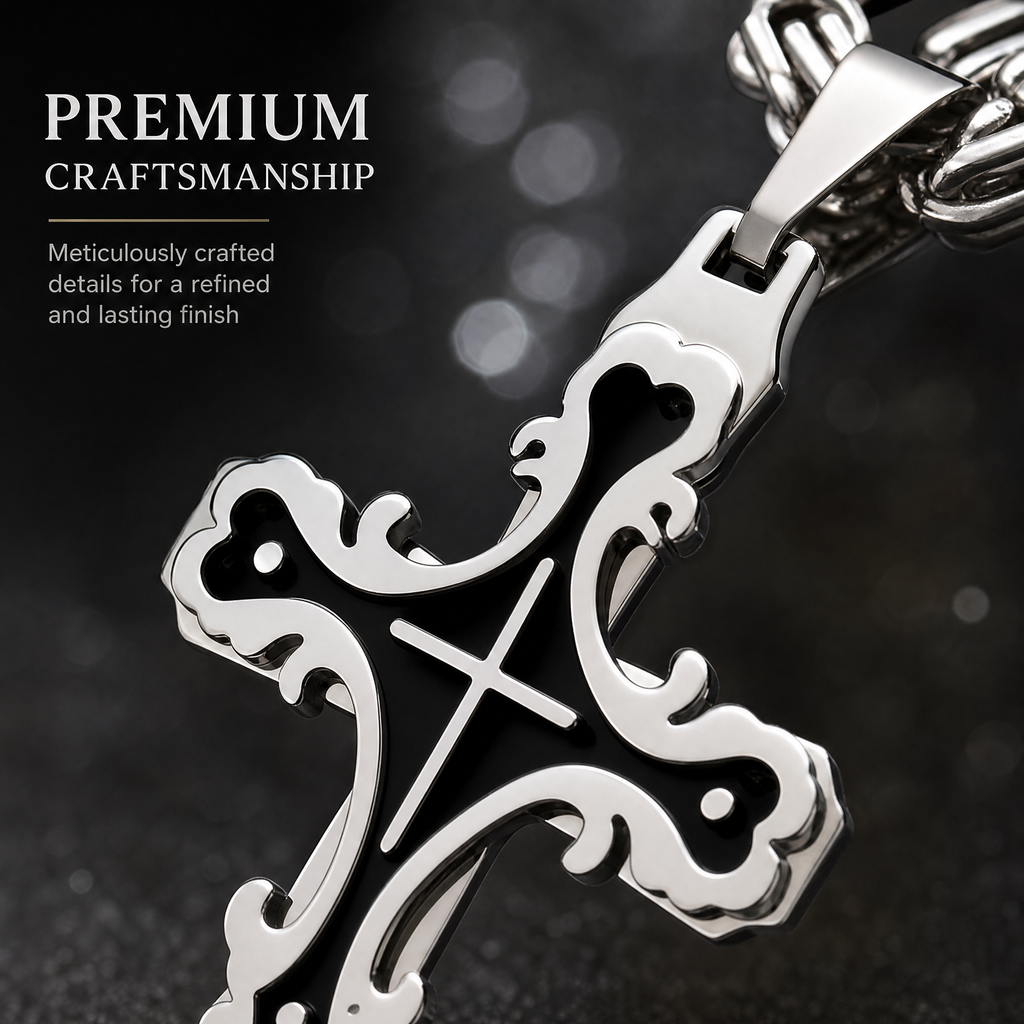 Men's Polished Stainless Steel Cross Pendant Necklace, Edgy Religious Style Accessory, Ideal for Streetwear and Daily Casual Wear
