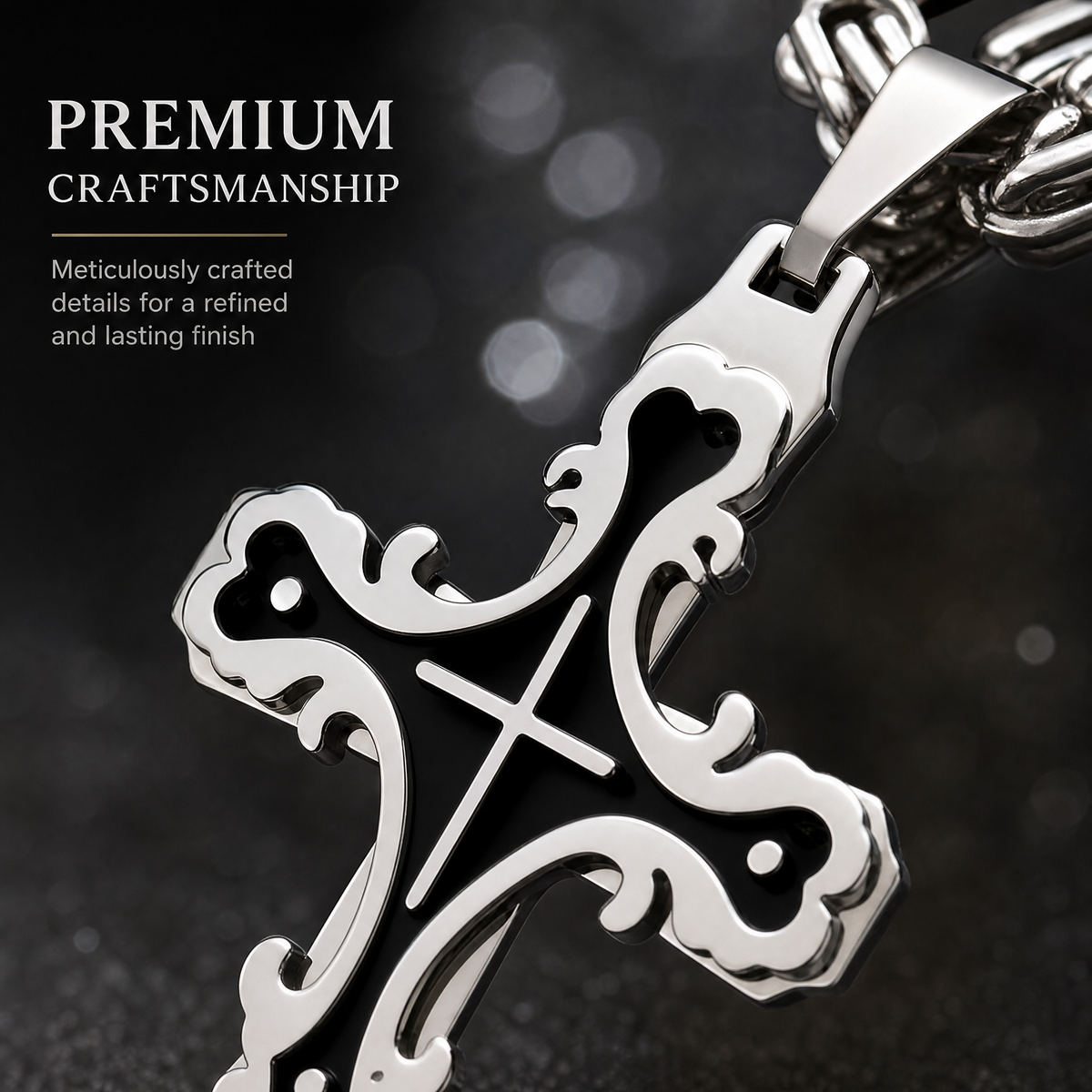 Men's Polished Stainless Steel Cross Pendant Necklace, Edgy Religious Style Accessory, Ideal for Streetwear and Daily Casual Wear