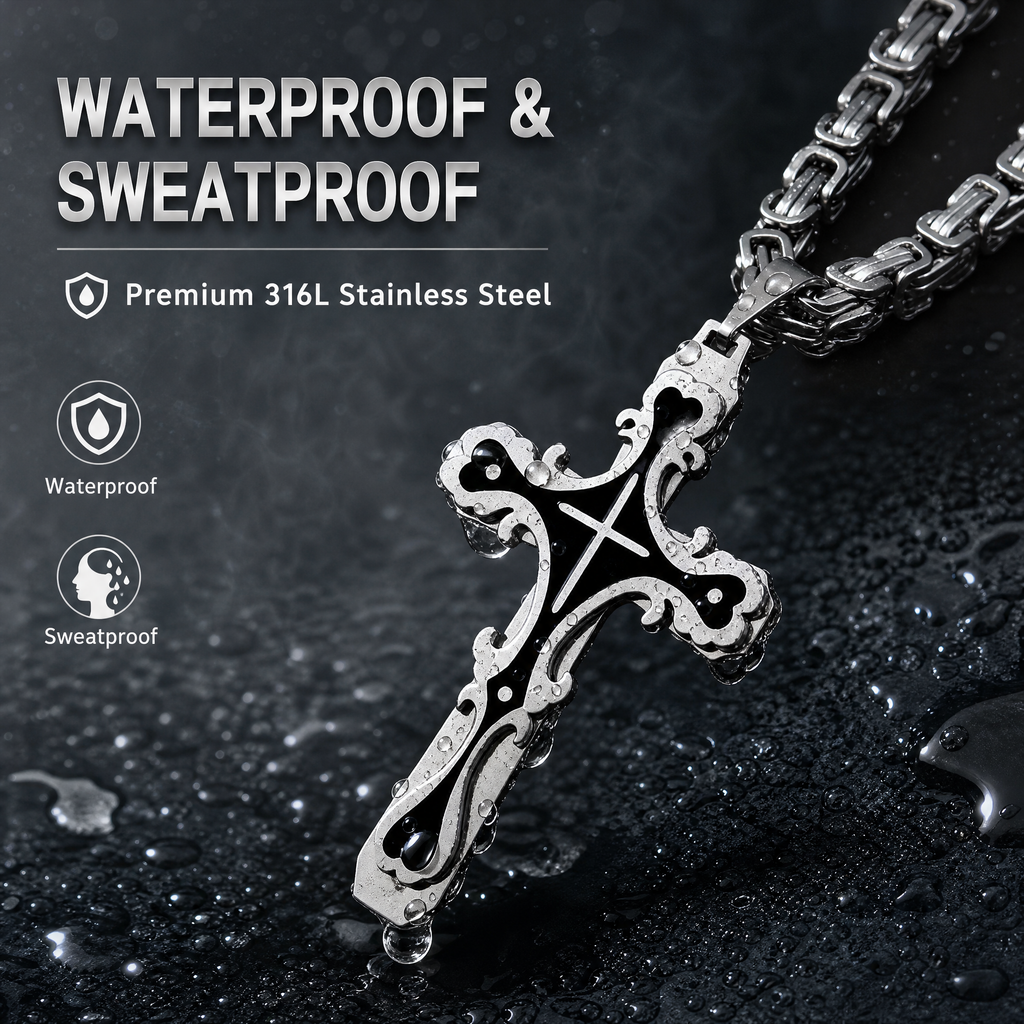 Men's Polished Stainless Steel Cross Pendant Necklace, Edgy Religious Style Accessory, Ideal for Streetwear and Daily Casual Wear