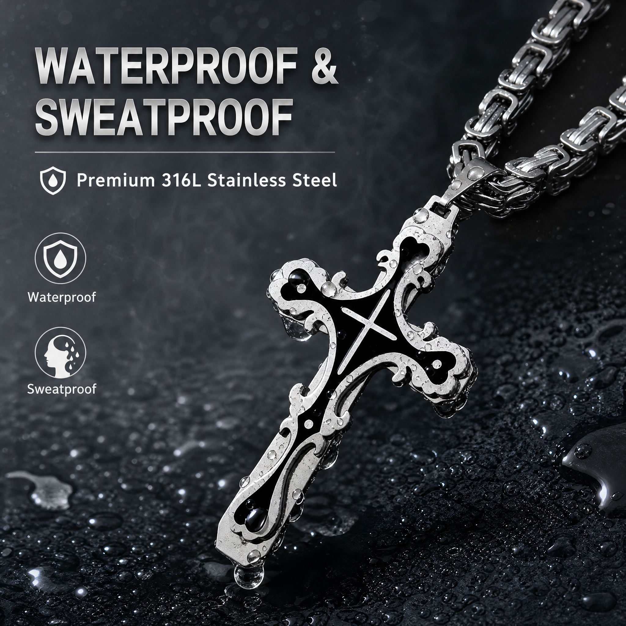 Men's Polished Stainless Steel Cross Pendant Necklace, Edgy Religious Style Accessory, Ideal for Streetwear and Daily Casual Wear