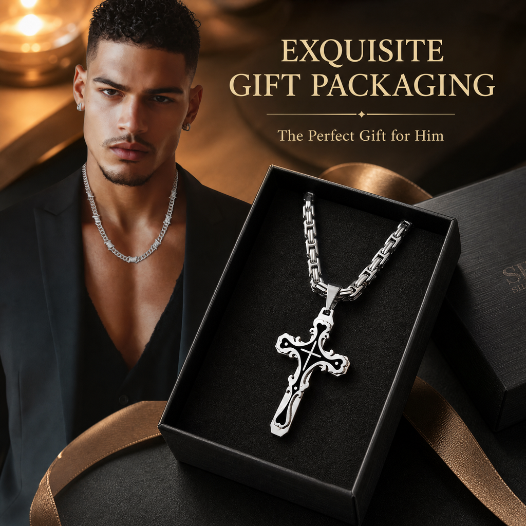 Men's Polished Stainless Steel Cross Pendant Necklace, Edgy Religious Style Accessory, Ideal for Streetwear and Daily Casual Wear